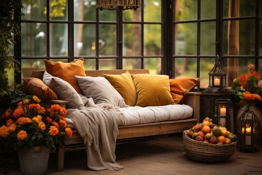 Wooden sofa with blanket and pillows in a conservatory with a basket of fruits, flowers, and lanterns, creating a warm autumn atmosphere