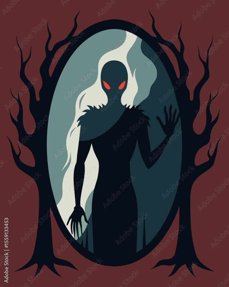 Poster in the mirrors reflection the figure saw not their own face but the dim image of gnarled menacing ha