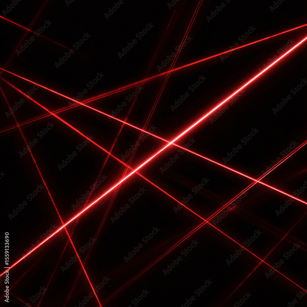 Poster several intersecting red straight lines in different positions. neon red light on isolated black bac
