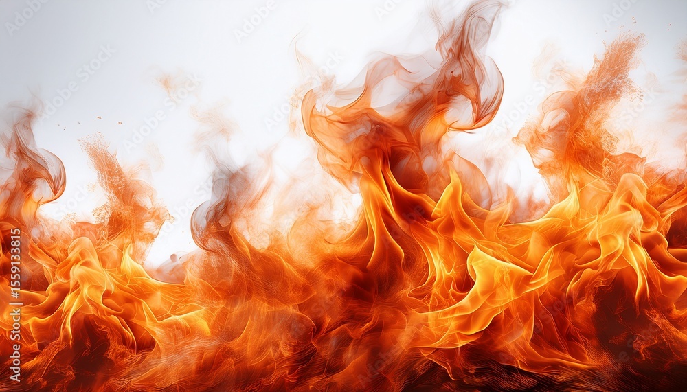 Poster dynamic and vibrant flames rising against a white background creating an intense visual effect suita