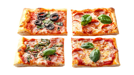 Pack Collection Delicious Pizza Varieties Four Gourmet Square Pizzas set against transparent background