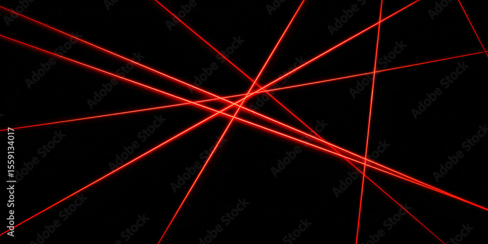 Poster several intersecting red straight lines in different positions. neon red light on isolated black bac