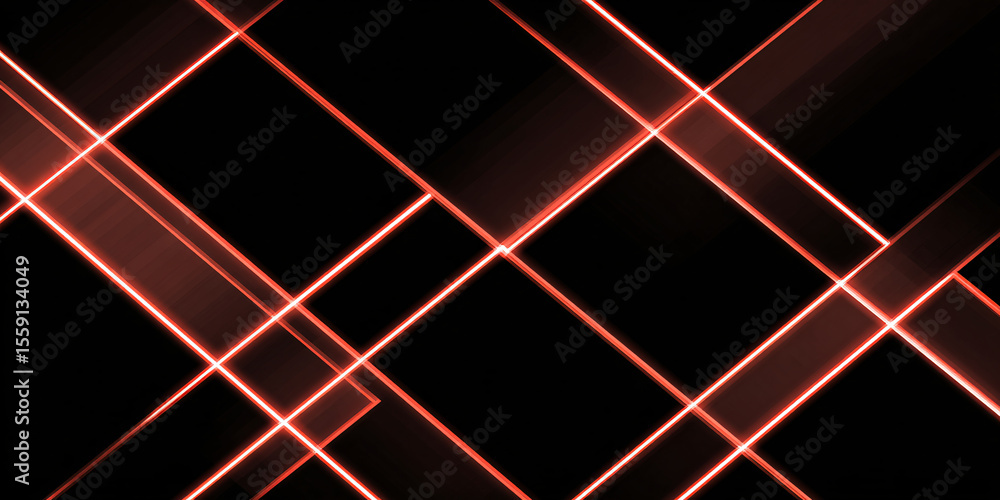 Poster several intersecting red straight lines in different positions. neon red light on isolated black bac