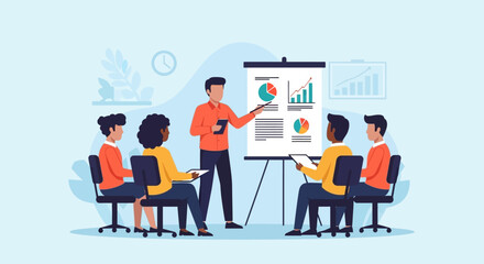 Fototapeta premium A business presentation with a presenter and a group of attentive listeners, showcasing data visualizations.