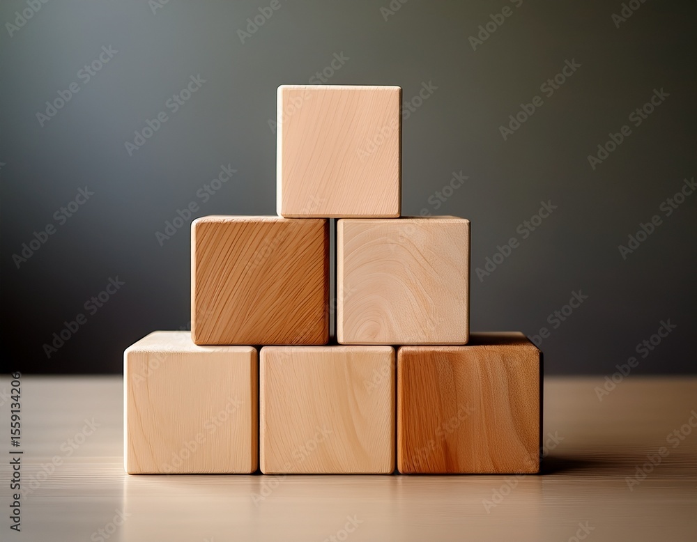 Poster six light wooden blocks stacked in a pyramid shape on a smooth surface with neutral background and s