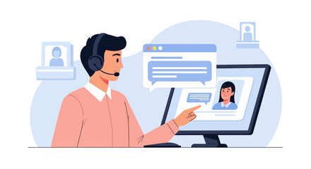 Illustration of a man with a headset providing online customer service, interacting with a woman on a computer screen.