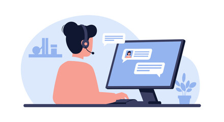 Woman with headset working at computer, engaging in online chat or customer service, depicted in a flat vector style.