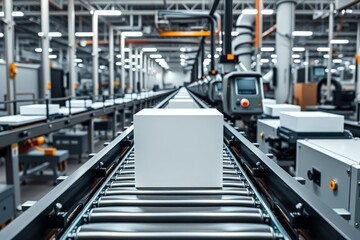 Industrial Conveyor System with Package Moving Through Factory Line