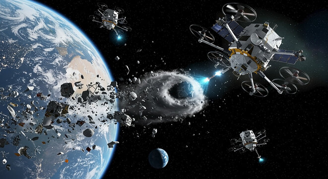 Advanced Space Drones Cleaning Orbital Debris Around Earth