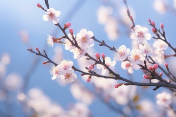 Obraz premium Beautiful plum tree branches are blooming with delicate pink and white flowers against a clear blue sky, celebrating the arrival of spring