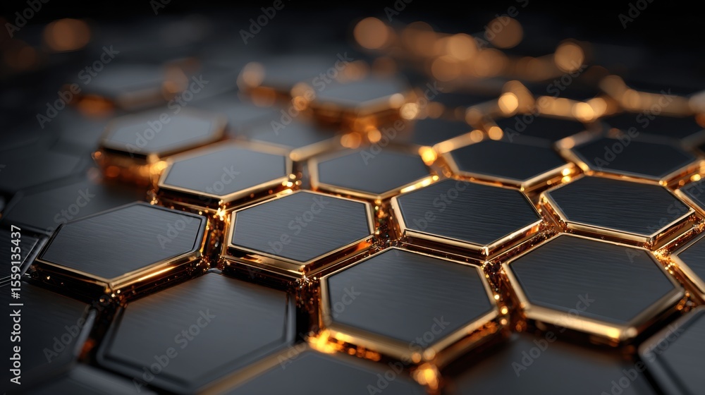 Poster close-up view of hexagonal patterns featuring black surfaces and golden accents, showcasing the intr