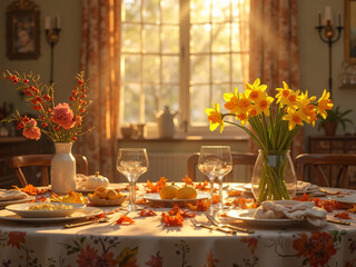 "Stylized table scene reflecting a season (e.g., autumn with fallen leaves and chrysanthemums, or spring with daffodils and sun rays) with related props and mood lighting, soft commercial storytelling