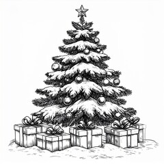Christmas Tree with Gifts in Black and White Drawing Style for Festive Season
