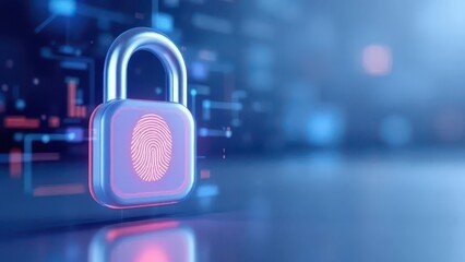 Digital Security Lock: A sleek, modern padlock featuring an integrated fingerprint sensor, symbolizing robust protection in the digital landscape. Surrounded by data streams.