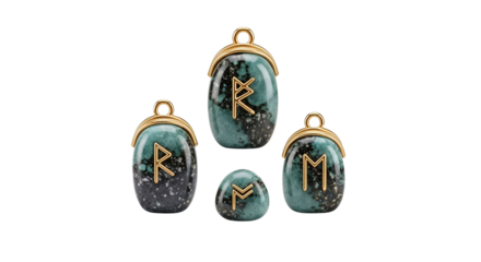 Decorative gemstone pendants with engraved runes on white background  