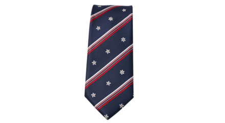 Navy blue tie with red stripes and white stars pattern  
