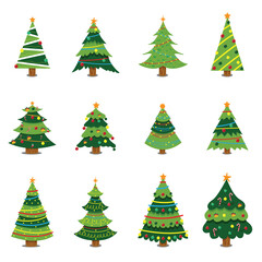 Vector set of cartoon Christmas trees, pines for greeting card, invitation,banner, web. New Years and Christmas traditional symbol tree with garlands, light bulb, star. Winter holiday.
