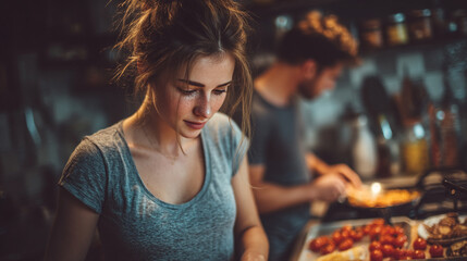 A young woman with freckles intently prepares food in a warm, inviting kitchen setting.
