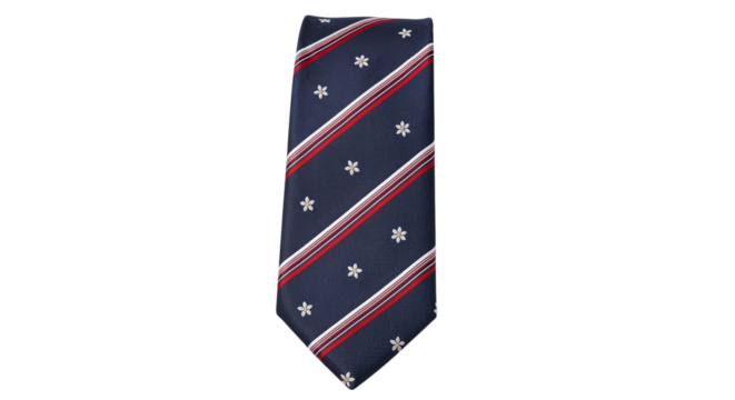 Navy blue tie with red stripes and white stars pattern  