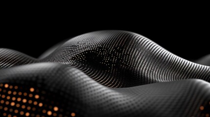 Abstract Wavy Surface with Dot Pattern and Glowing Lights, Dark Background.