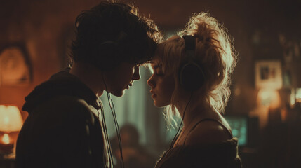 A tender connection blossoms between two individuals sharing a private musical experience with headphones