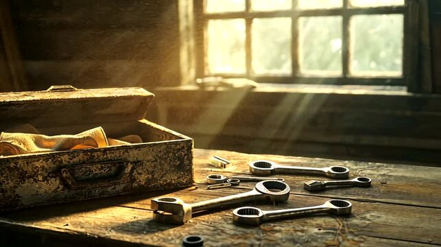 Vintage toolbox with wrenches on a wooden table, illuminated by sunlight through a window
