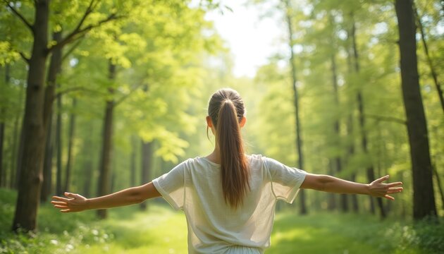 Young woman in white clothes with open arms enjoying nature in green forest. Happy girl breathing clean air. Concept of freedom, eco-friendly lifestyle in spring summer. Renewable resources,