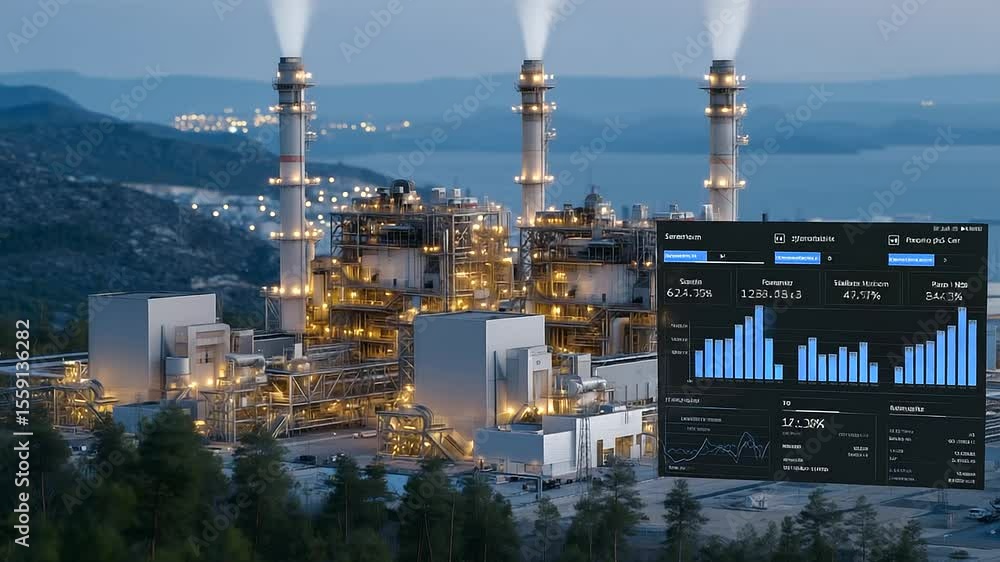 Poster digital twin simulation of fossil plant showing emissions output on real-time dashboard.
