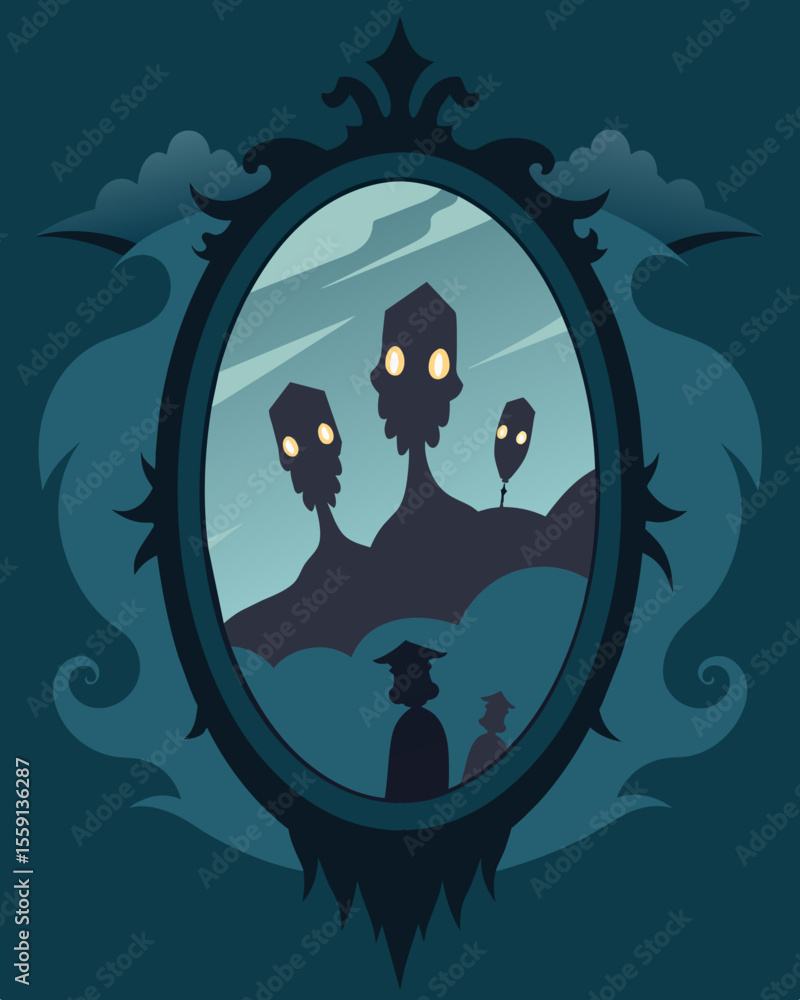Poster the mirror in the haunted mansion played tricks on unsuspecting visitors showing a terrifying versio