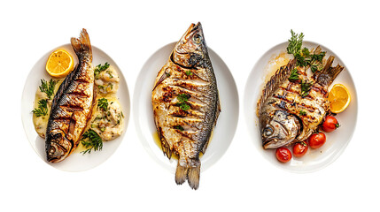 Pack Collection Grilled Fish Dishes Mediterranean Cuisine Photography set against transparent background
