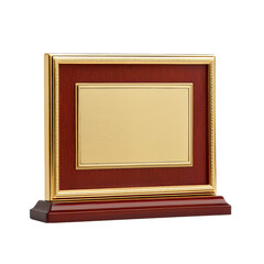Fototapeta premium An award, rectangular in shape, made of rosewood with gold trim and a blank center for engraving on the front, standing at an angle isolated on a transparent background in PNG format.