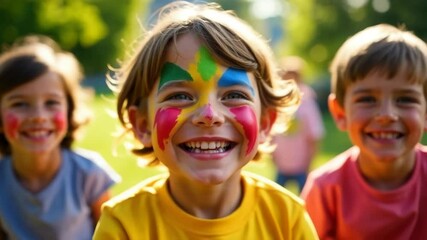 Three children with face paint smiling in a park. The boy in front has brown hair and colorful paint on his face. The background is blurred with greenery. - Powered by Adobe