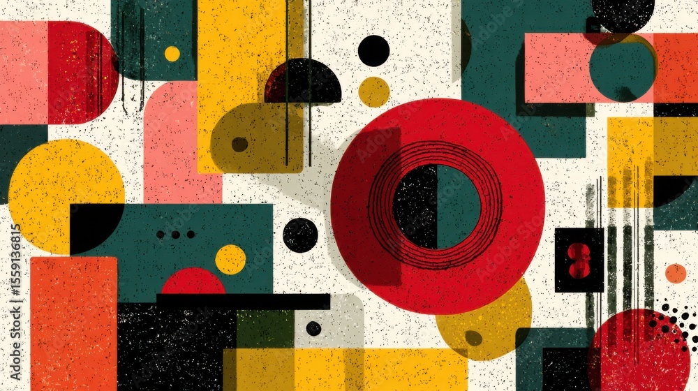 Poster dynamic arrangement of colorful geometric shapes creates an engaging abstract artwork. the compositi