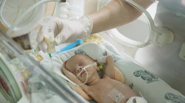 A premature baby receives milk feeding in a neonatal intensive care unit (NICU). A nurse carefully administers nourishment using a syringe, ensuring the infant's well-being.