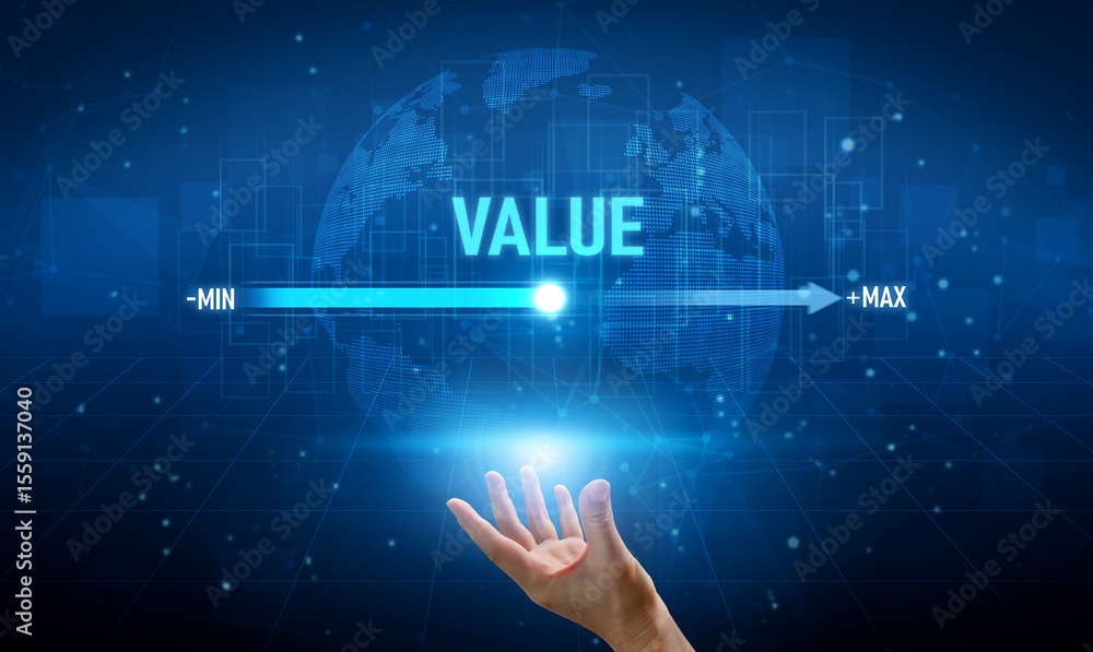 Aufkleber value measurement and adjustment concept showing value, performance, and optimization level with foc