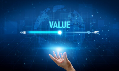 Value measurement and adjustment concept showing value, performance, and optimization level with...