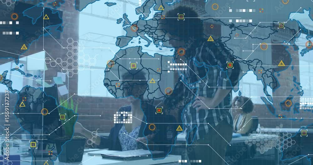 Poster business team gesturing at laptop, initiating map overlay filling data markers and network lines