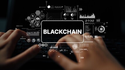 Hands Typing on Keyboard with Blockchain Concept and Data Analytics Graphics for Innovative Technology Solutions. Asymptotic smart data analytic.