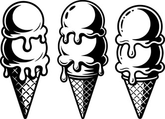 Bold black silhouette of three dripping ice cream cones with textured waffle patterns in comic-style line art, ideal for summer, dessert, and retro-themed designs

