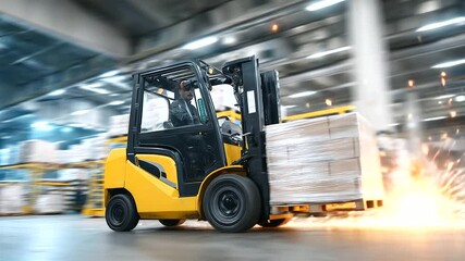 Forklift operator in motion, mid-turn lifting stacked boxes in bustling distribution center, dust particles caught in bright beams. - Powered by Adobe