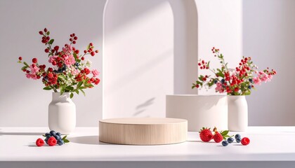 Elegant floral wedding podium with berries and pastel background