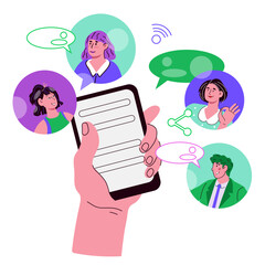 Using smartphone and social media concepts. People chatting in messenger. Online chat banner design, flat vector illustration isolated on white background.