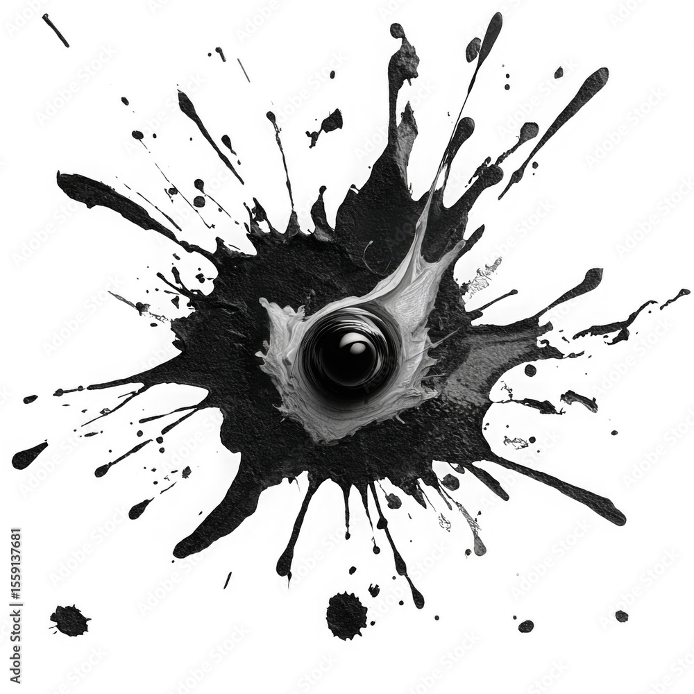 Poster an intense black ink splatter with a central sphere isolated on transparent background, ideal for gr