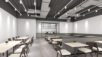 the food court, the ordering counter, and the seating.,3d rendering