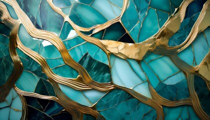 turquoise and gold chrome the most beautiful cinematic abstract artwork kintsugi mosaic created with generative ai