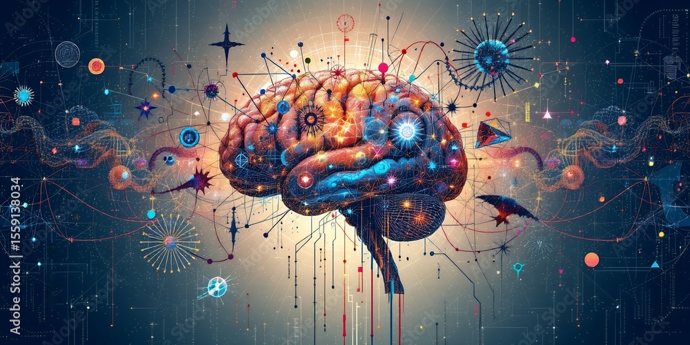 Poster a vibrant brain illustration with interconnected lines and abstract geometric shapes around it