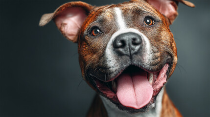 A joyful brown and white dog with bright eyes and a happy smile, captured in a detailed studio portrait.