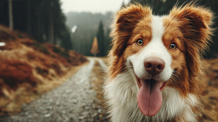 A happy red and white dog with a playful expression smiles directly at the camera on a scenic outdoor path.