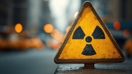 A yellow caution sign featuring a radiation symbol stands prominently in an urban setting, surrounded by blurred cars and city activity during daylight hours.