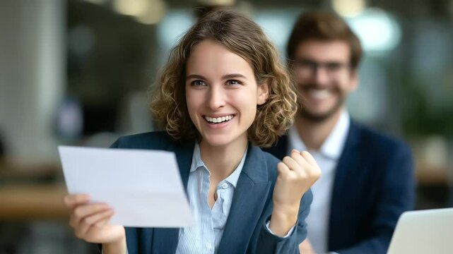 Happy moment as employee receives promotion notice via email, hands in mid-air joy.